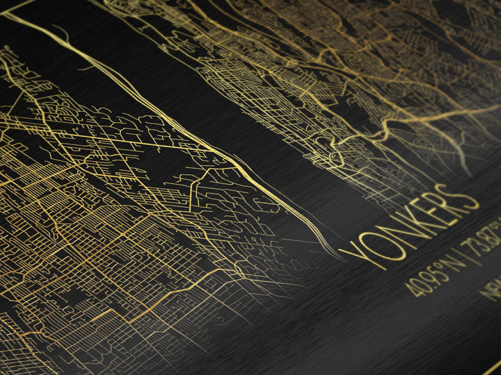 Yonkers New York City Poster, Metallic Gold Art, Metal Art, real wood frames, black and gold, Street Map Wall Art, Real Wood Frames