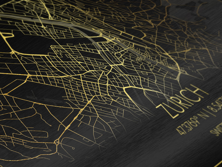 Zurich Switzerland City street map, Metallic Gold Print, Metal Art, wood framed map, black and gold, Street Map Art, Best Friend Gifts