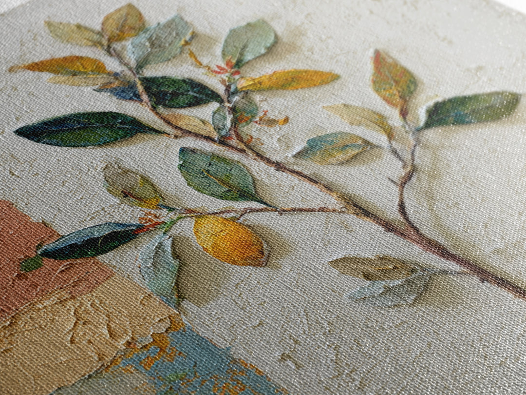 Sicilian Lemon Branch on Ivory Background Framed Canvas Print, Mediterranean Art, Gallery Wall Art, Living Room Decor, Azure, MAR-1x1-37