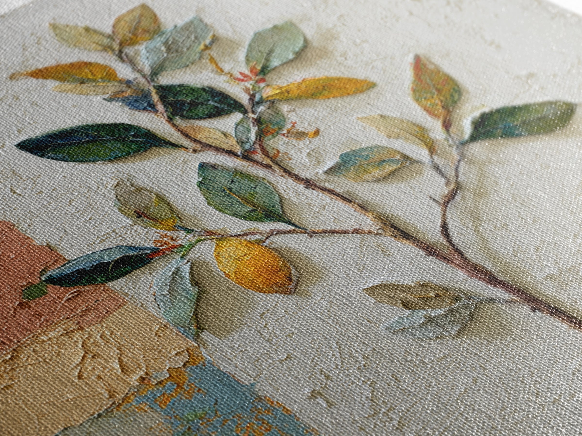 Sicilian Lemon Branch on Ivory Background Framed Canvas Print, Mediterranean Art, Gallery Wall Art, Living Room Decor, Azure, MAR-1x1-37