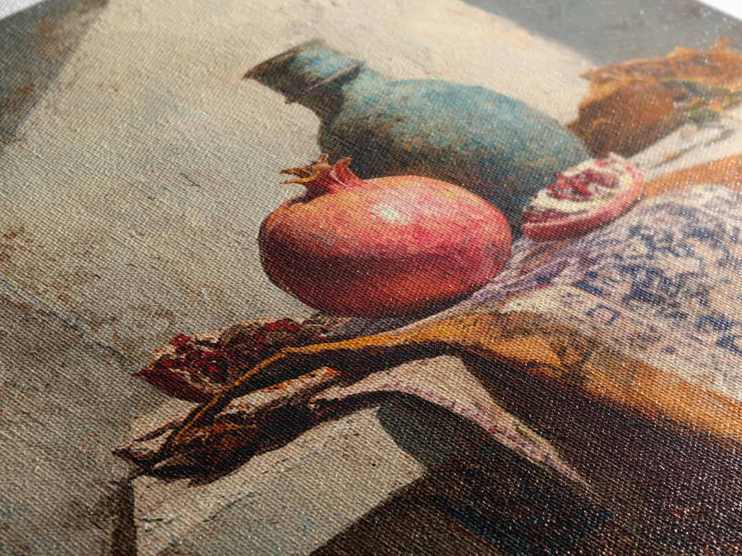 Pomegranate Still Life Framed Canvas Print, Mediterranean Art, Digital Art Prints, Living Room Decor, Oil Painting, Azure, MAR-1x1-43