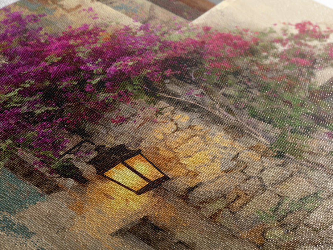 Bougainvillea Cascading over Stone Wall Canvas Print, Mediterranean Art, Landscape Painting, Living Room Decor, Fine Art, Azure, MAR-1x1-5