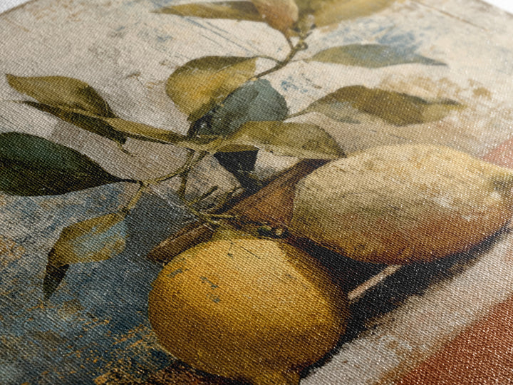 Olive Branch and Lemons on Terracotta Ground Canvas Print, Mediterranean Art, Minimalist Wall Art, Living Room Decor, Azure, MAR-1x1-50