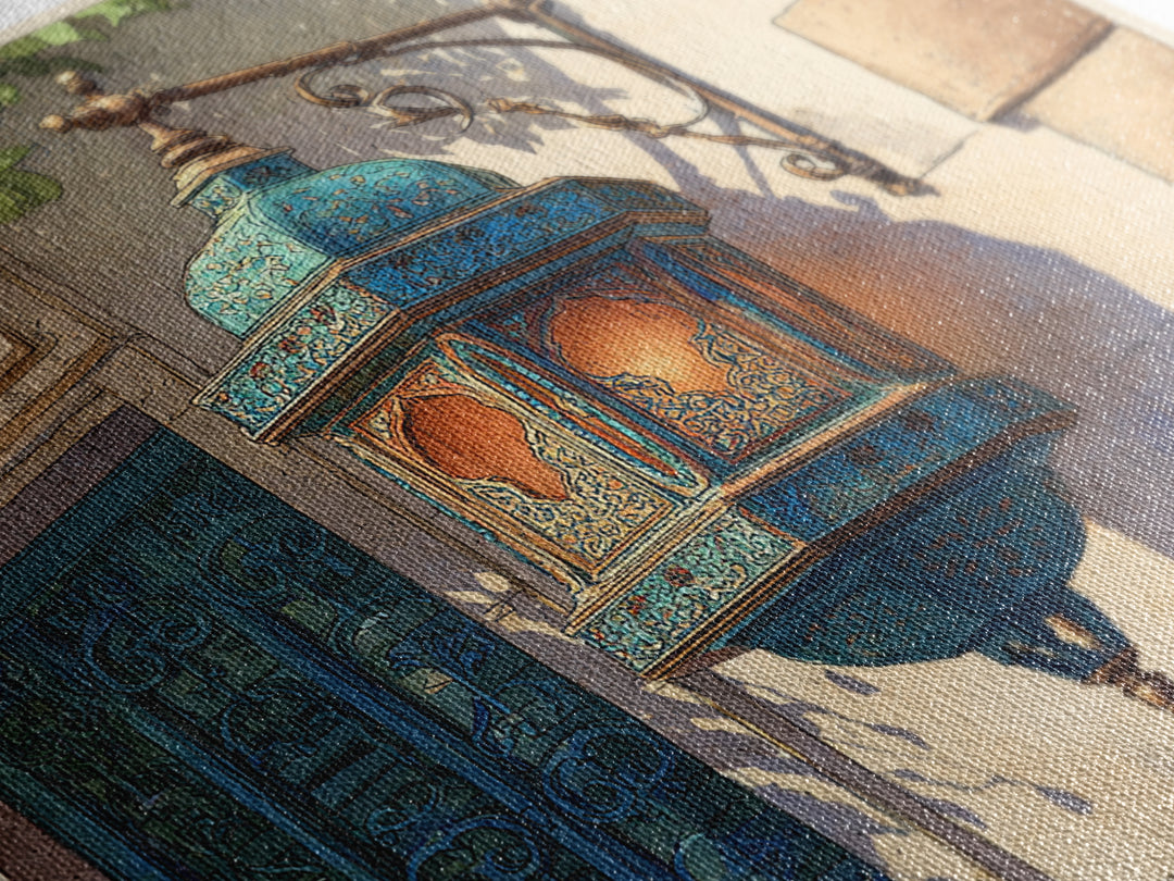 Moroccan Influenced Lantern Framed Canvas Print, Mediterranean Art, Living Room Art, Living Room Decor, Abstract Art, Azure, MAR-1x1-57