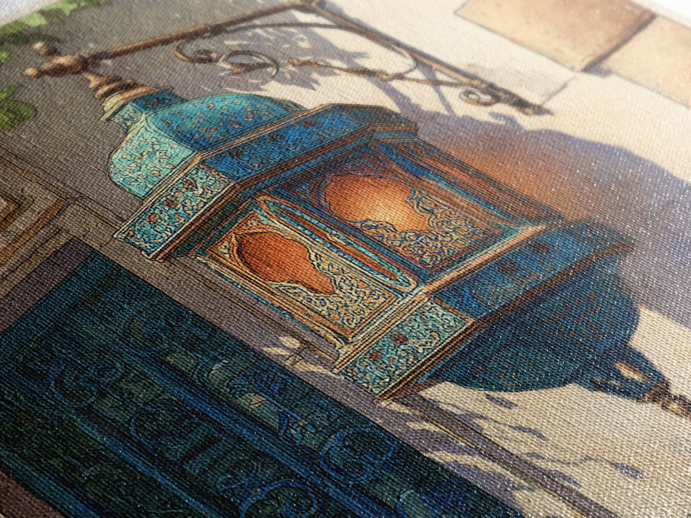 Moroccan Influenced Lantern Framed Canvas Print, Mediterranean Art, Living Room Art, Living Room Decor, Abstract Art, Azure, MAR-1x1-57