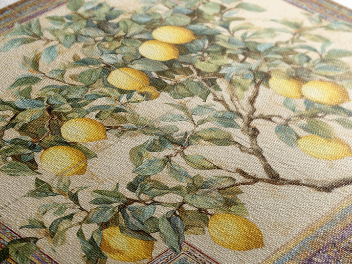 Sicilian Lemon Branch on Ivory Background Framed Canvas Print, Mediterranean Art, Gallery Wall Art, Living Room Decor, Azure, MAR-1x1-61