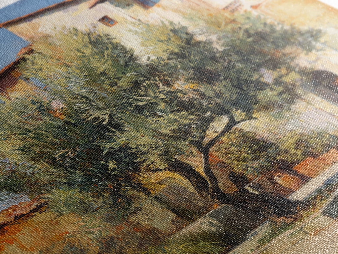 Olive Grove under Pale Morning Light Framed Canvas Print, Mediterranean Art, Landscape Wall Art, Living Room Decor, Azure, MAR-1x1-65