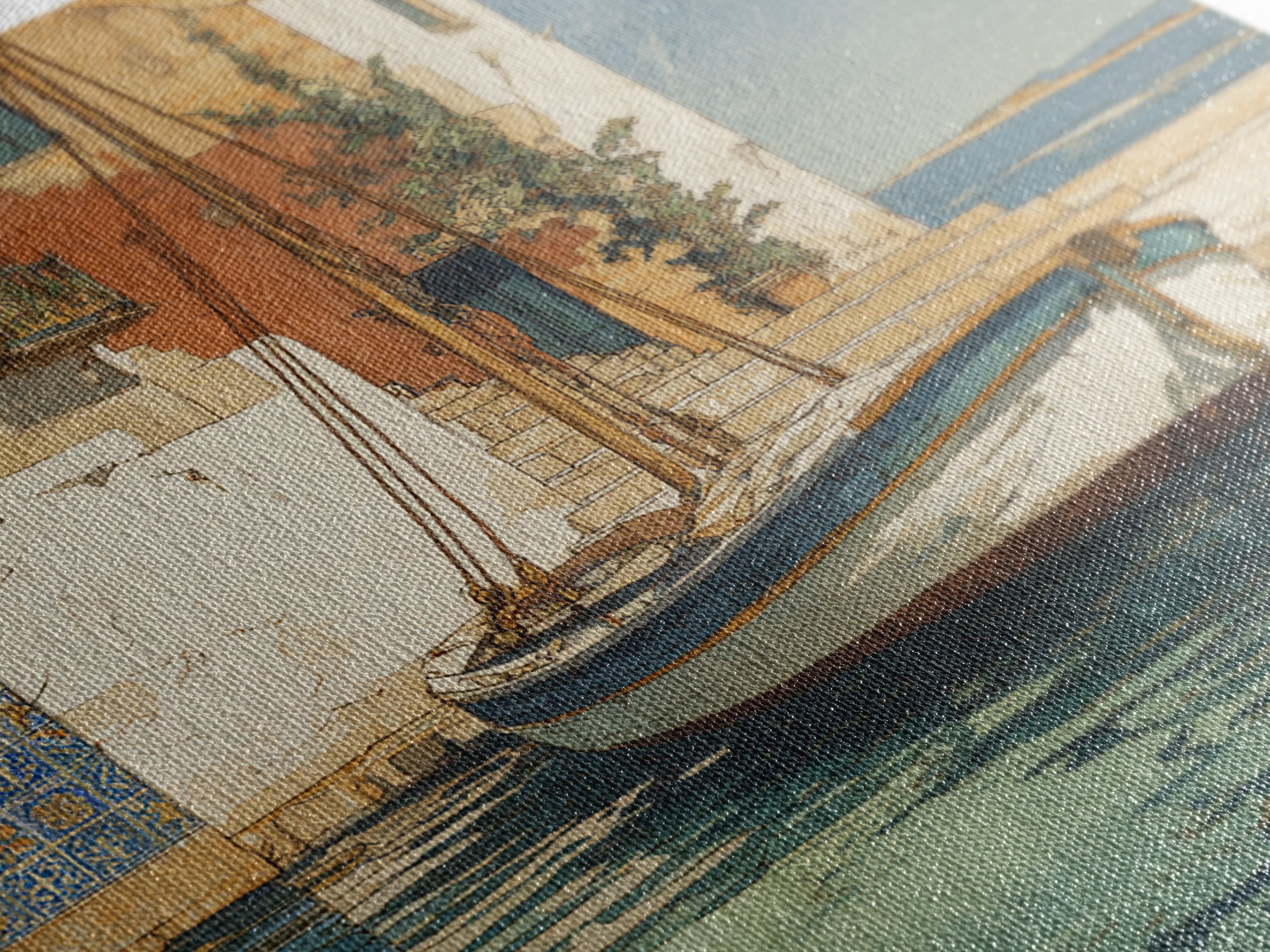 Mediterranean Sailboat on Glassy Water Framed Canvas Print, Mediterranean Art, Watercolor Art, Living Room Decor, Abstract Art, MAR-1x1-66