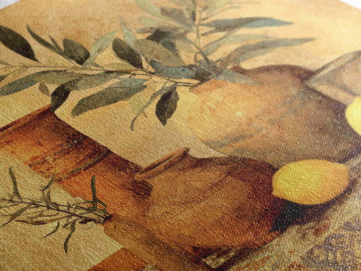 Olive Branch and Lemons on Terracotta Ground Canvas Print, Mediterranean Art, Downloadable Art, Living Room Decor, Azure, MAR-1x1-74