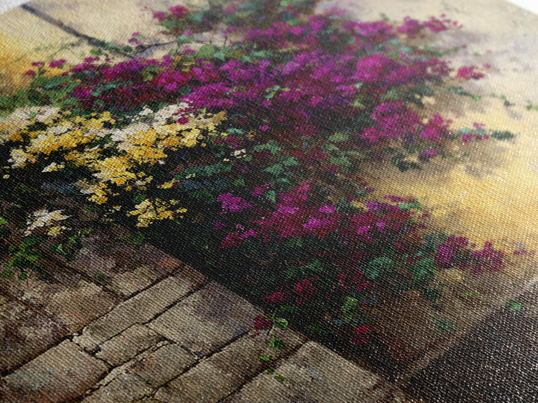 Bougainvillea Cascading over Stone Wall Canvas Print, Mediterranean Art, Modern Decor, Living Room Decor, Fine Art, Azure, MAR-1x1-77