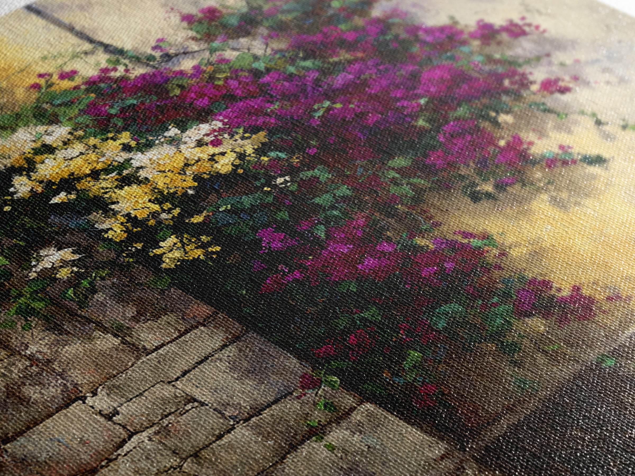 Bougainvillea Cascading over Stone Wall Canvas Print, Mediterranean Art, Modern Decor, Living Room Decor, Fine Art, Azure, MAR-1x1-77