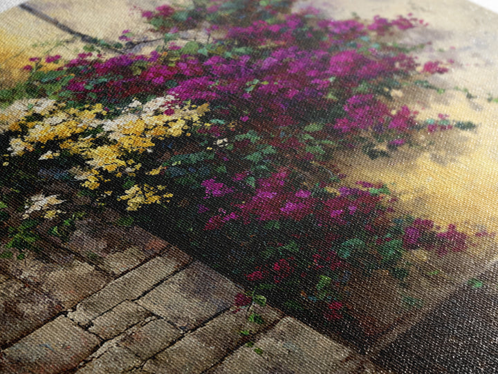 Bougainvillea Cascading over Stone Wall Canvas Print, Mediterranean Art, Modern Decor, Living Room Decor, Fine Art, Azure, MAR-1x1-77
