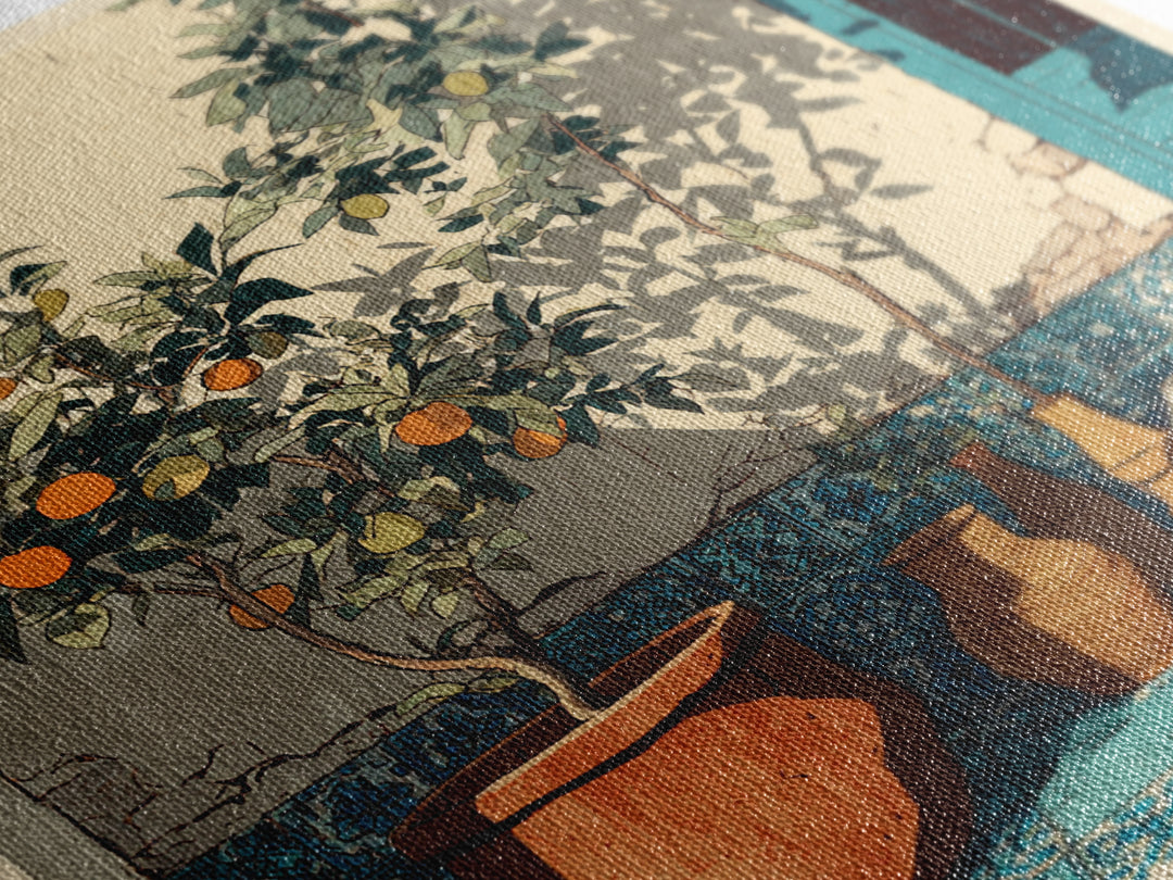Citrus Tree in Clay Pot Canvas Print, Mediterranean Art, Coastal Wall Decor, Living Room Decor, Oil Painting, Azure, MAR-1x1-82