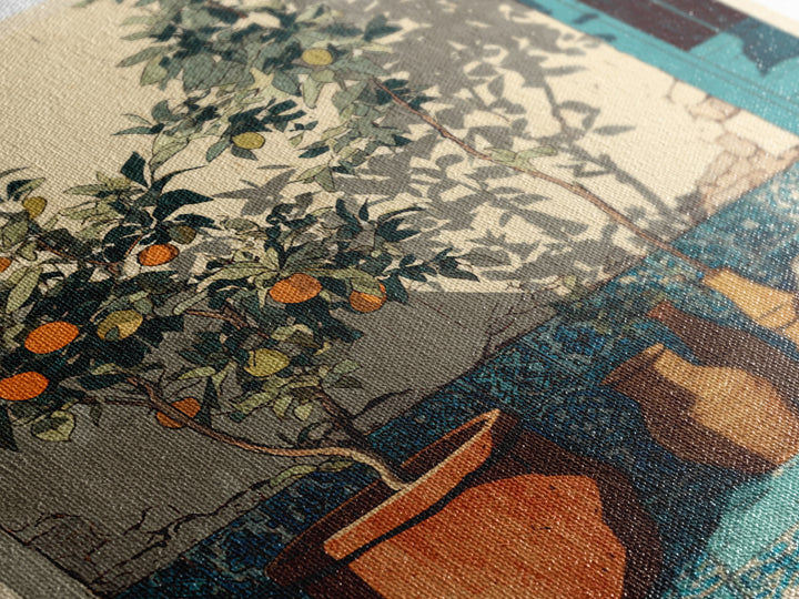 Citrus Tree in Clay Pot Canvas Print, Mediterranean Art, Coastal Wall Decor, Living Room Decor, Oil Painting, Azure, MAR-1x1-82