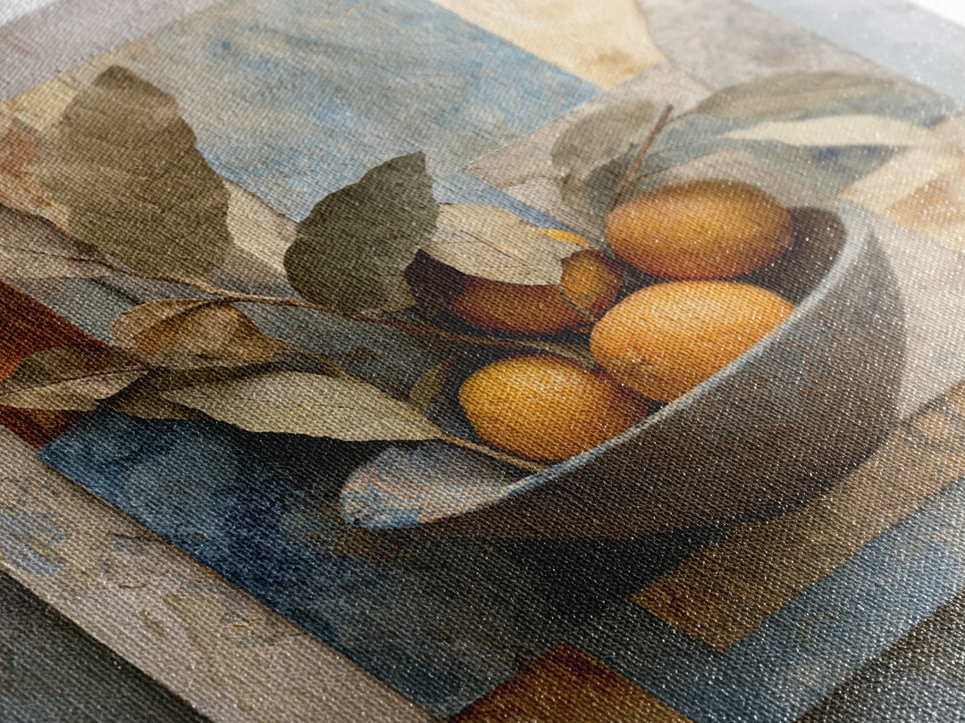 Ceramic Bowl of Oranges and Leaves Framed Canvas Print, Mediterranean Art, Wall Decor, Living Room Decor, Oil Painting, Azure, MAR-1x1-93