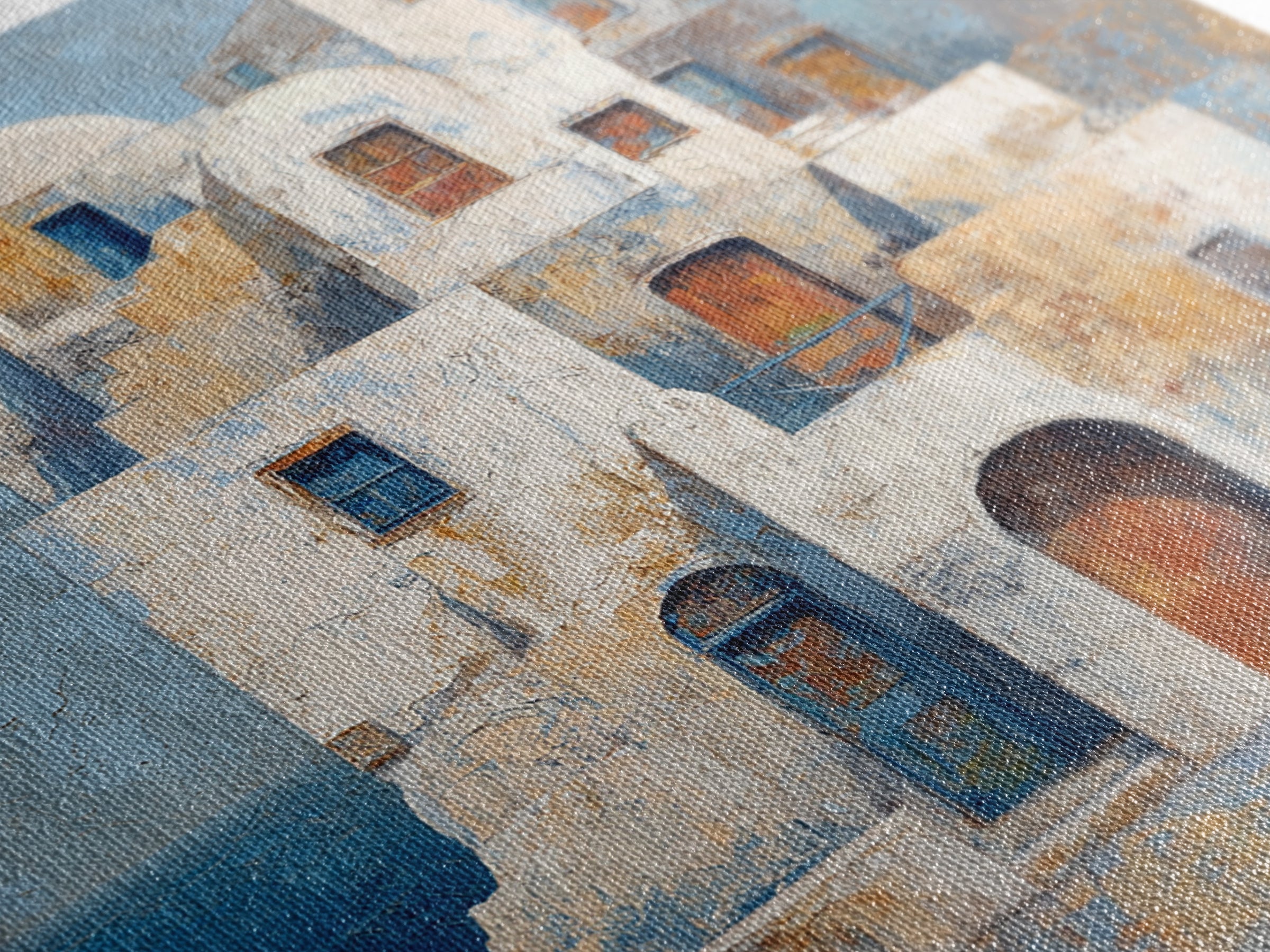 Greek Island White Buildings Above Blue Sea Canvas Print, Mediterranean Art, Luxury Decor, Living Room Decor, Oil Painting, MAR-1x1-97