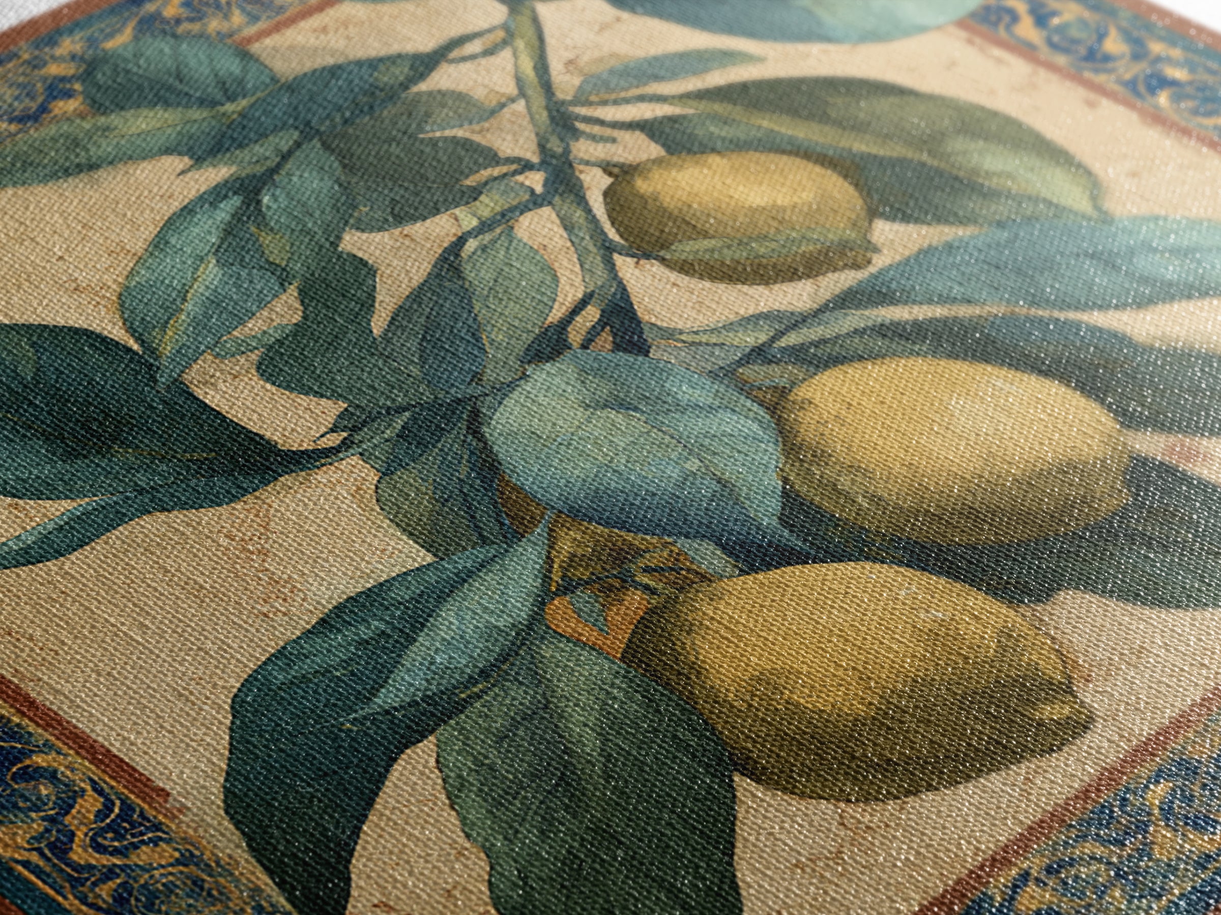 Olive Branch and Lemons on Terracotta Ground Canvas Print, Mediterranean Art, Wall Decor, Living Room Decor, Fine Art, Azure, MAR-1x1-98