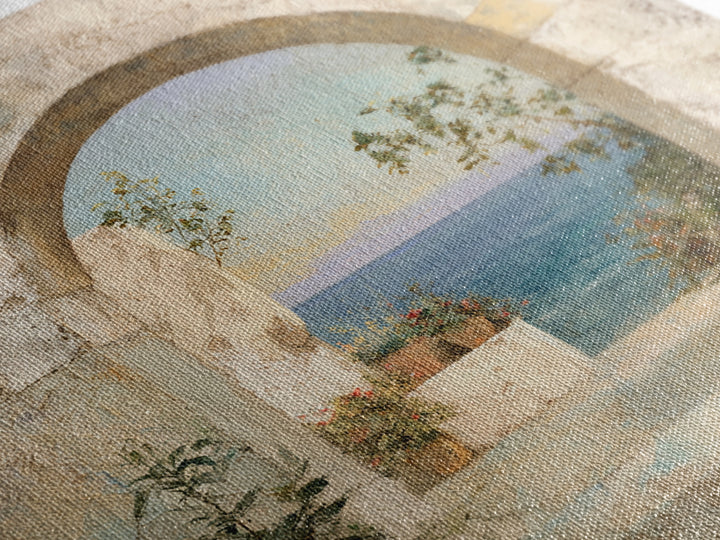 Mediterranean Arch Framing Ocean Horizon Canvas Print, Mediterranean Art, Living Room Decor, Oil Painting, Azure, MAR-1x1-99