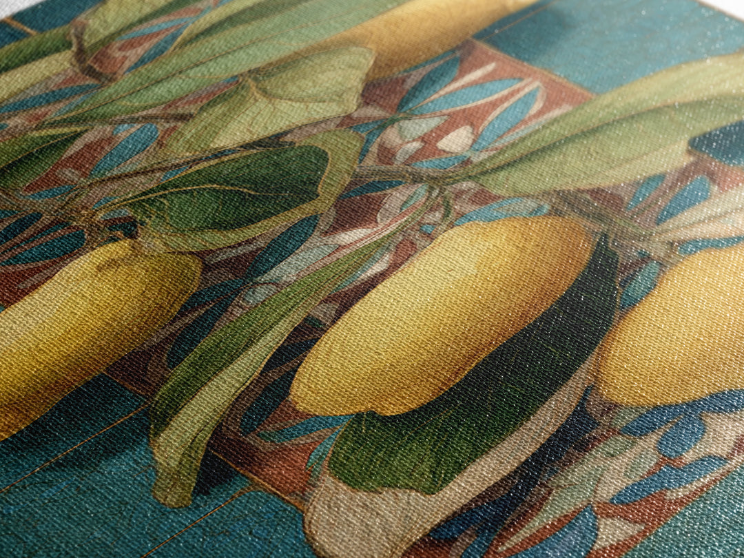 Olive Branch and Lemons on Terracotta Ground Canvas Print, Mediterranean Art, Beach Wall Art, Living Room Decor, Azure, MAR-1x3-14