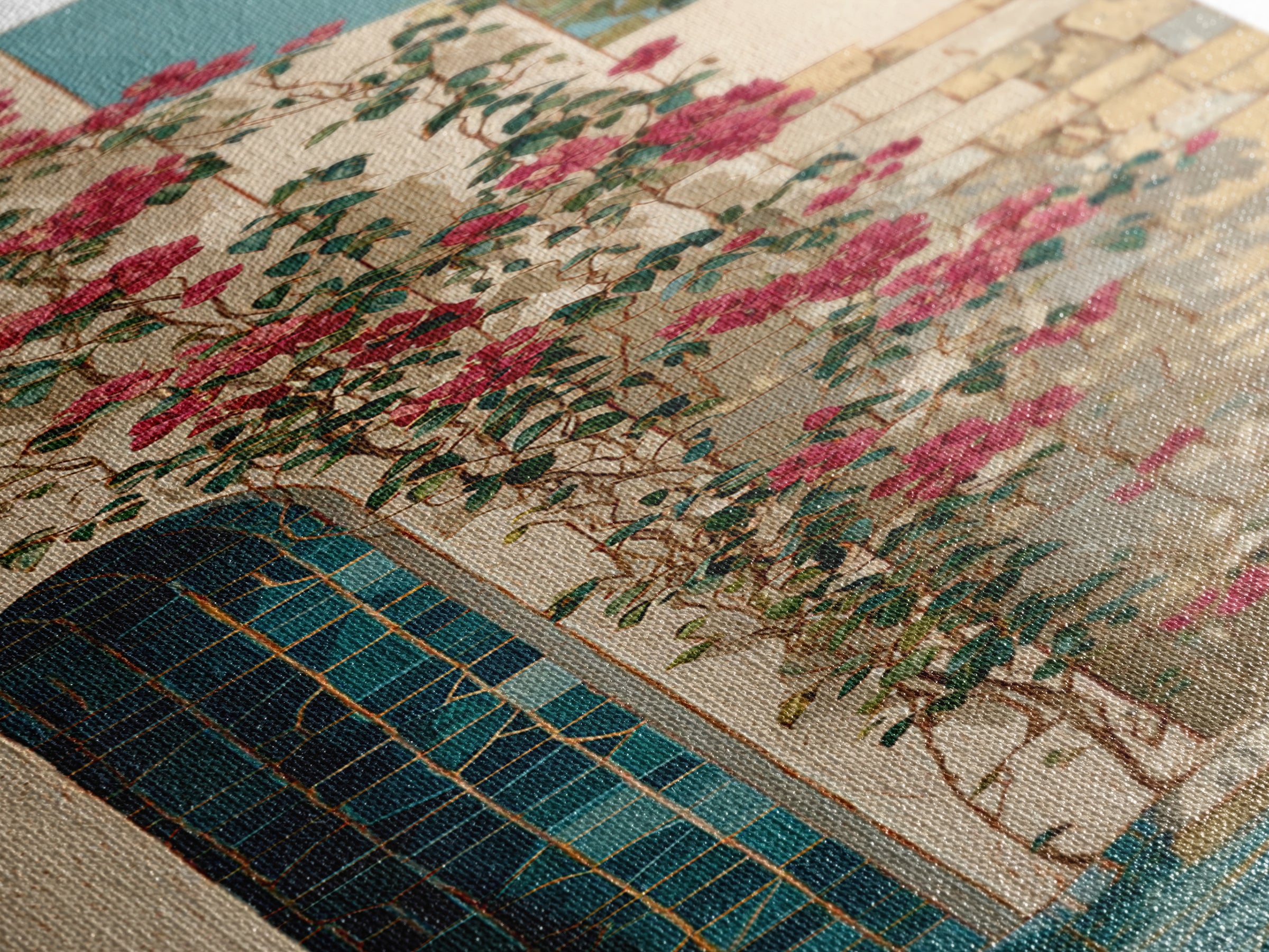 Bougainvillea Cascading over Stone Wall Canvas Print, Mediterranean Art, Modern Decor, Living Room Decor, Fine Art, Azure, MAR-1x3-17