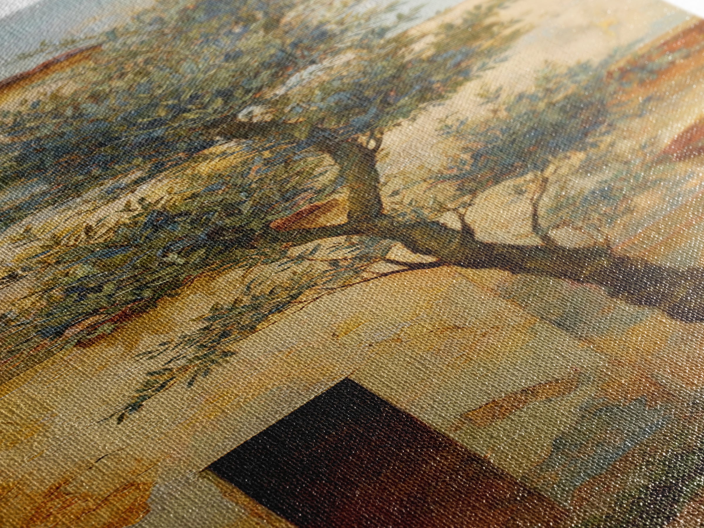 Olive Grove under Pale Morning Light Framed Canvas Print, Mediterranean Art, Downloadable Art, Living Room Decor, Azure, MAR-1x3-53