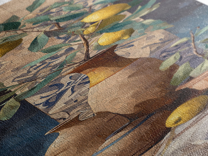 Olive Branch and Lemons on Terracotta Ground Canvas Print, Mediterranean Art, Beach Prints, Living Room Decor, Azure, MAR-1x3-62