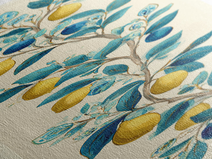 Sicilian Lemon Branch on Ivory Background Canvas Print, Mediterranean Art, Living Room Decor, Oil Painting, Azure, MAR-1x3-73