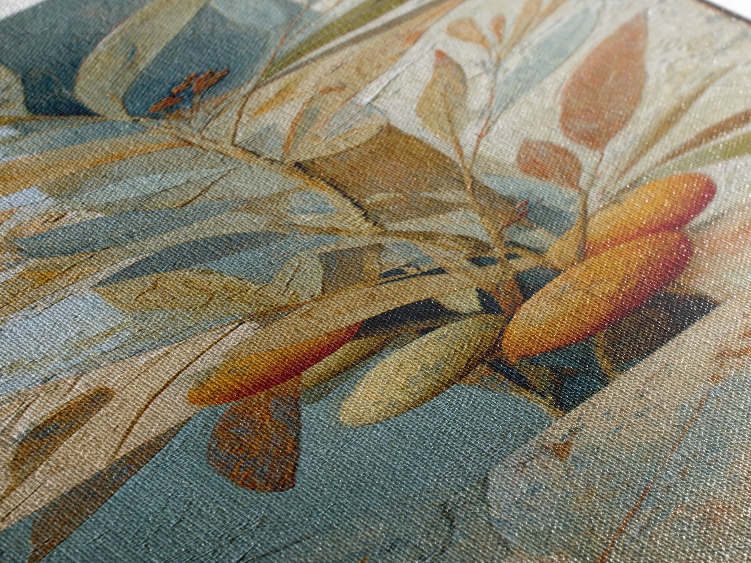 Ceramic Bowl of Oranges and Leaves Canvas Print, Mediterranean Art, Large Wall Art, Living Room Decor, Fine Art, Azure, MAR-1x3-81