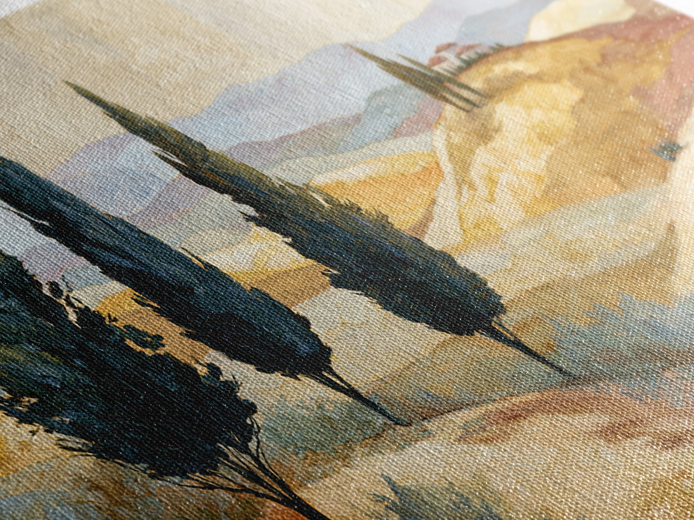 Tuscan Cypress Trees and Golden Hillside Canvas Print, Mediterranean Art, Neutral Decor, Living Room Decor, Abstract Art, Azure, MAR-2x1-2