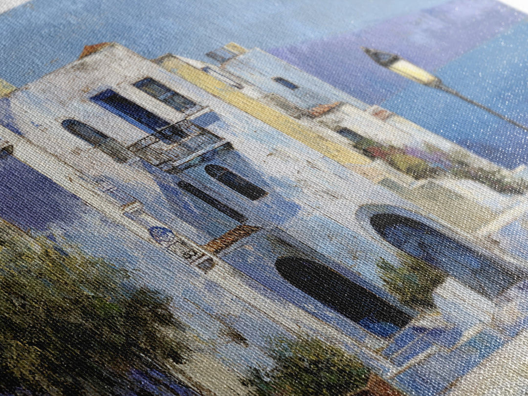 Greek Island White Buildings Above Blue Sea Canvas Print, Mediterranean Art, Luxury Decor, Living Room Decor, Oil Painting, MAR-2x1-21