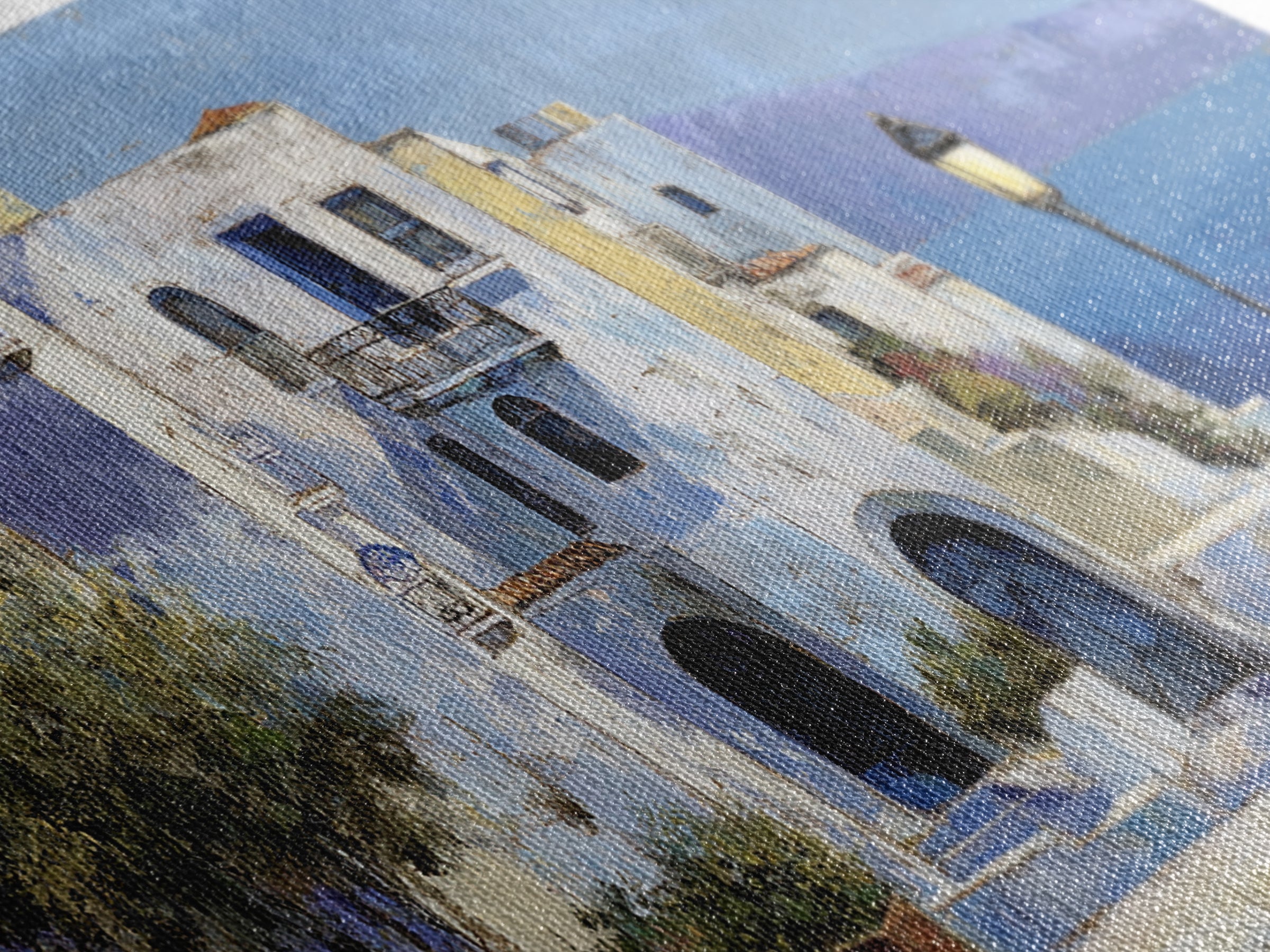 Greek Island White Buildings Above Blue Sea Canvas Print, Mediterranean Art, Luxury Decor, Living Room Decor, Oil Painting, MAR-2x1-21