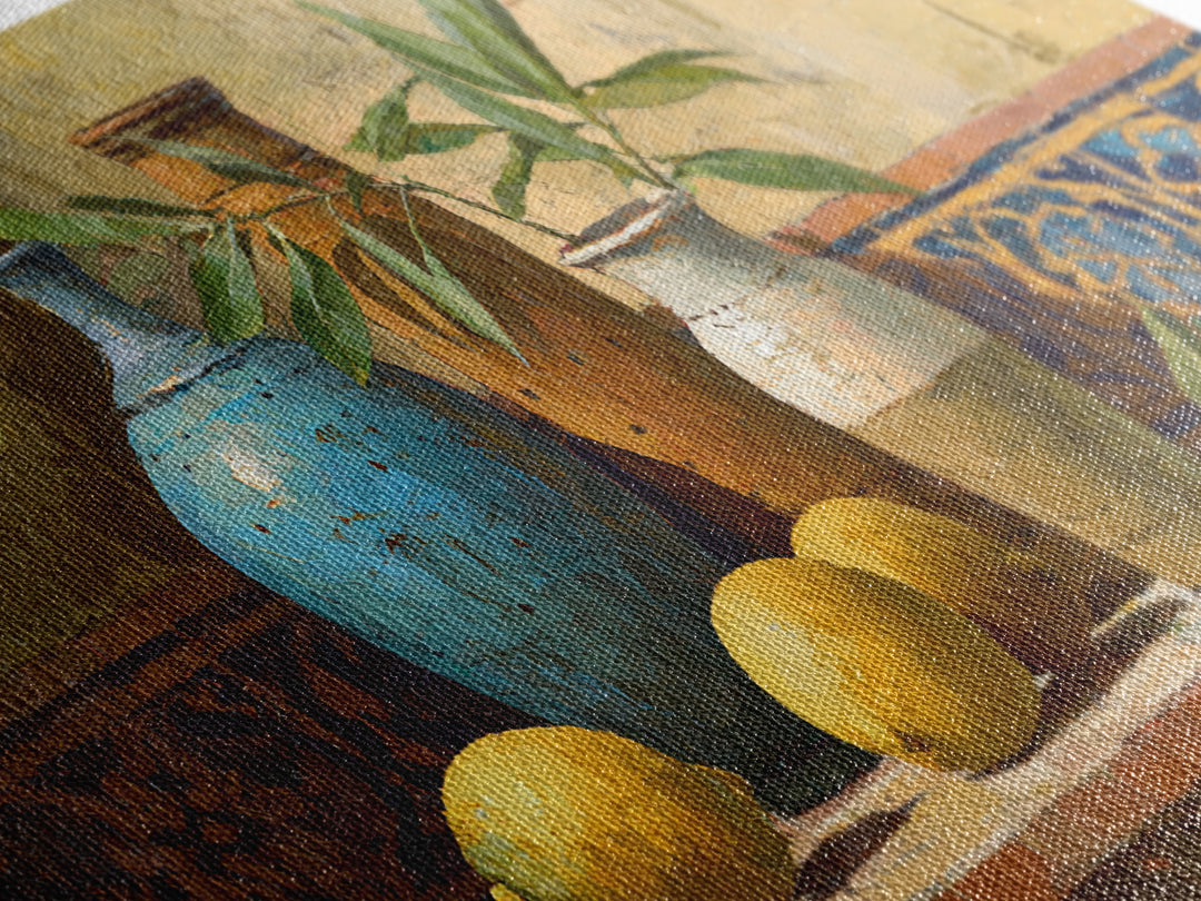 Olive Branch and Lemons on Terracotta Ground Canvas Print, Mediterranean Art, Wall Decor, Living Room Decor, Fine Art, Azure, MAR-2x1-22