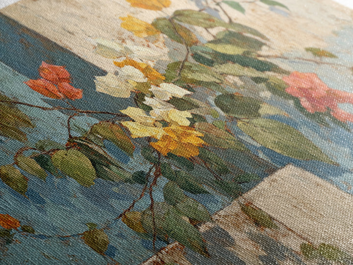 Bougainvillea Cascading over Stone Wall Framed Canvas Print, Mediterranean Art, Art Print, Living Room Decor, Fine Art, Azure, MAR-2x1-25