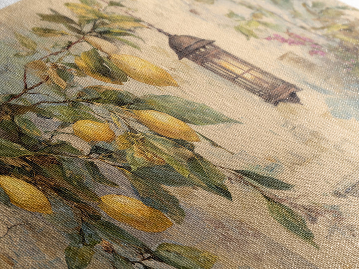Sicilian Lemon Branch on Ivory Background Canvas Print, Mediterranean Art, Statement Artwork, Living Room Decor, Azure, MAR-2x1-33