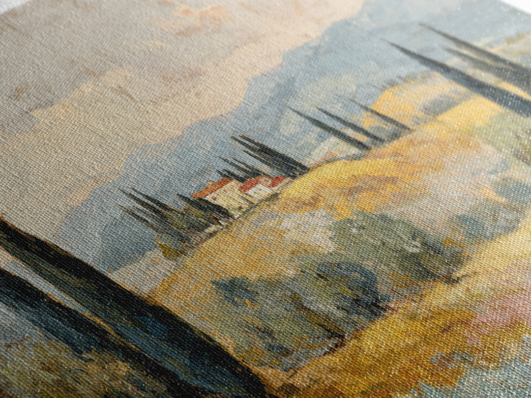 Tuscan Cypress Trees and Golden Hillside Framed Canvas Print, Mediterranean Art, Luxury Decor, Living Room Decor, Azure, MAR-2x1-50