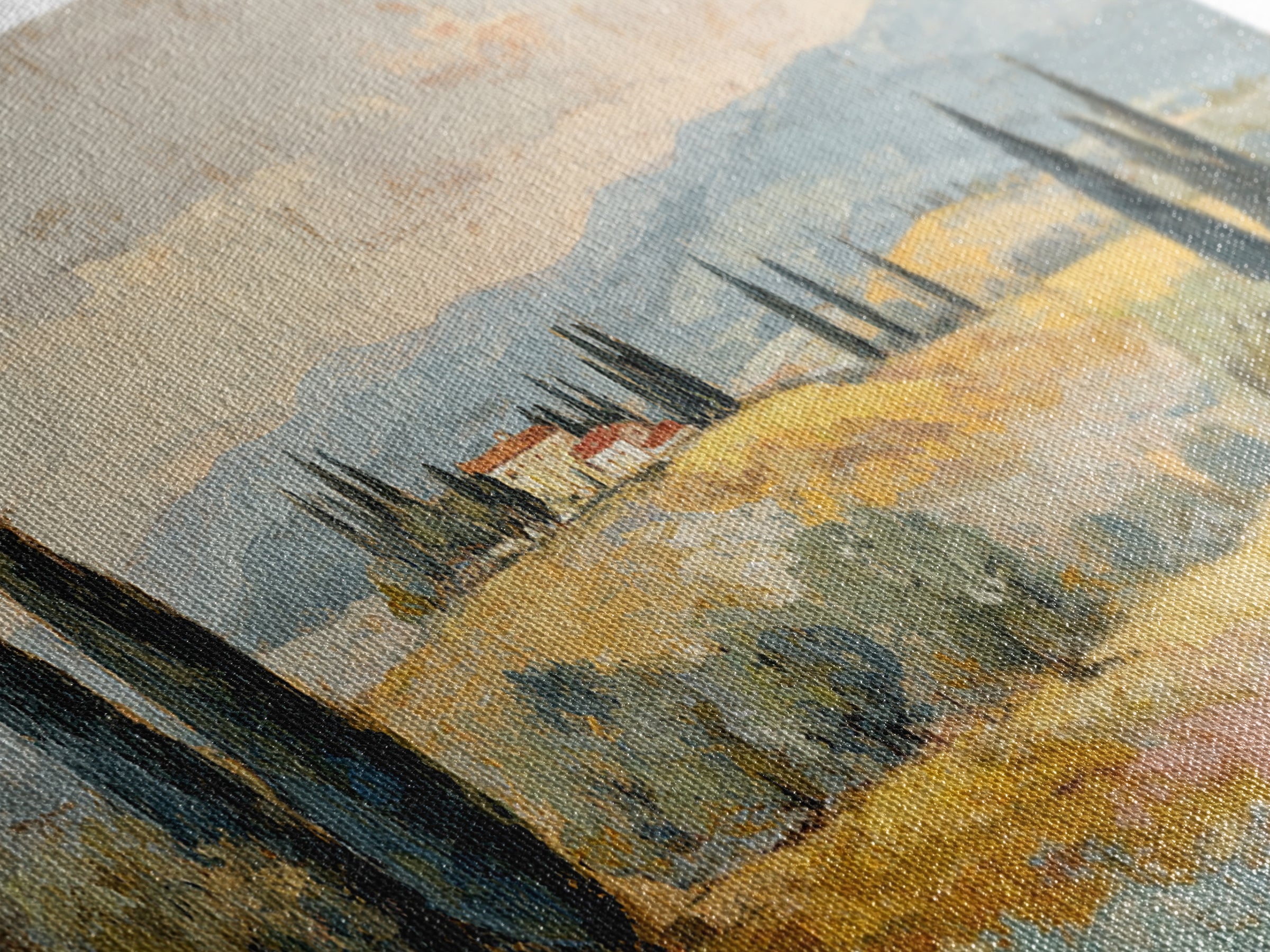 Tuscan Cypress Trees and Golden Hillside Framed Canvas Print, Mediterranean Art, Luxury Decor, Living Room Decor, Azure, MAR-2x1-50