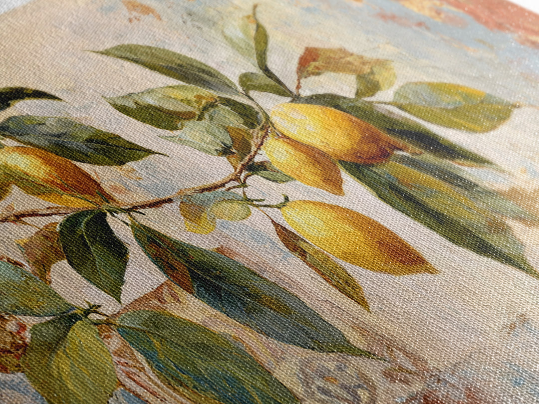Sicilian Lemon Branch on Ivory Background Framed Canvas Print, Mediterranean Art, Original Painting, Living Room Decor, Azure, MAR-2x1-81