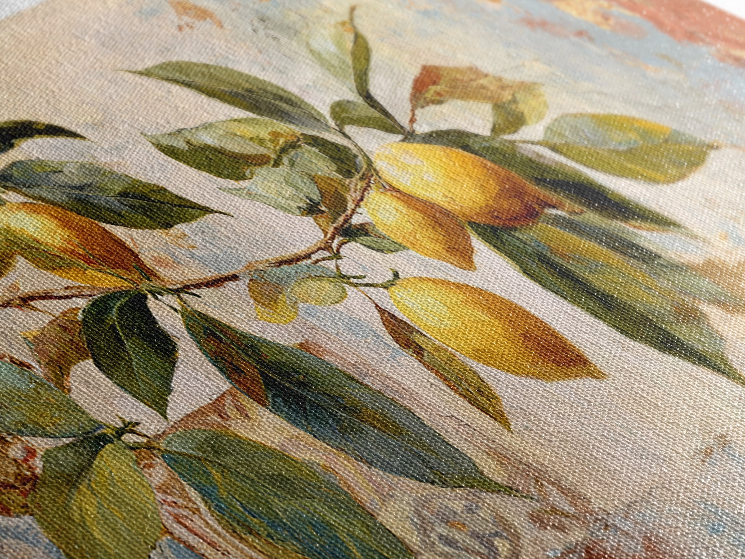 Sicilian Lemon Branch on Ivory Background Framed Canvas Print, Mediterranean Art, Original Painting, Living Room Decor, Azure, MAR-2x1-81