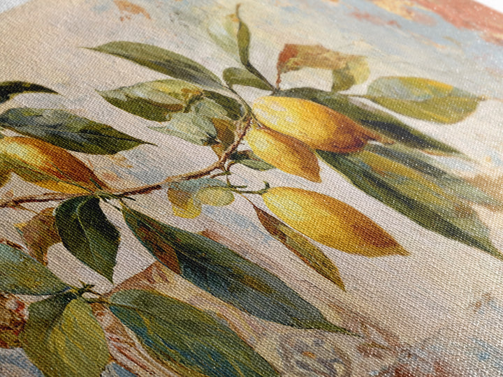 Sicilian Lemon Branch on Ivory Background Framed Canvas Print, Mediterranean Art, Original Painting, Living Room Decor, Azure, MAR-2x1-81