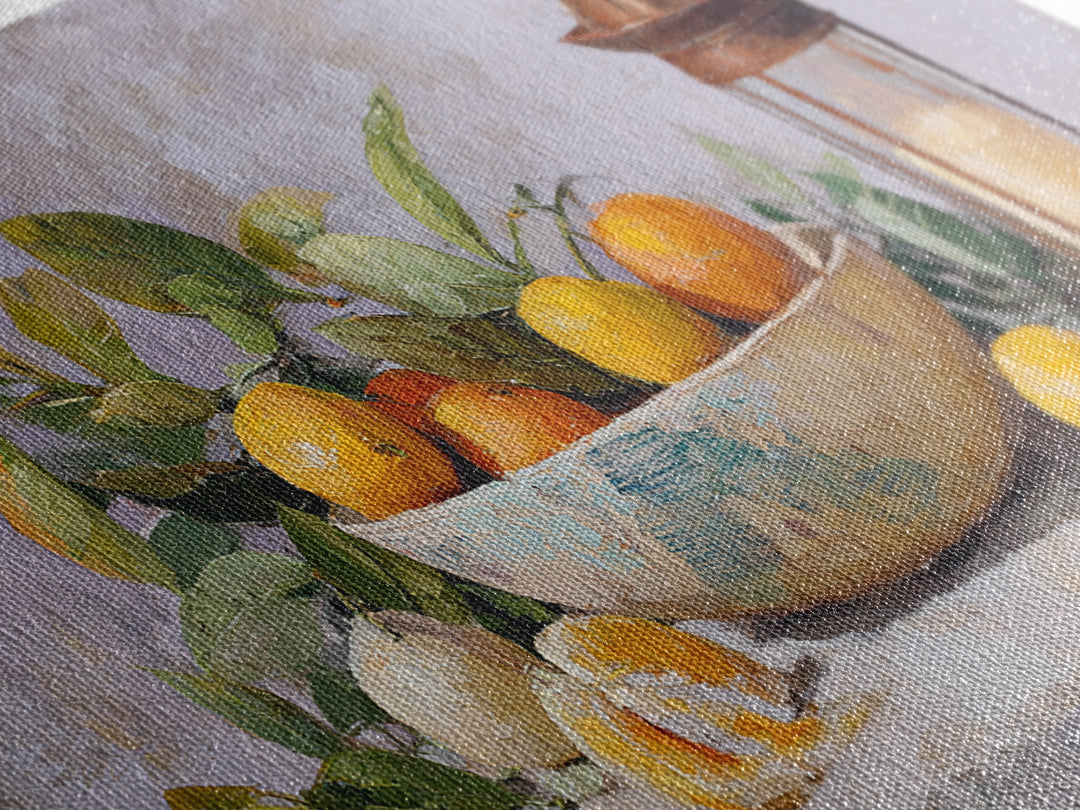 Ceramic Bowl of Oranges and Leaves Canvas Print, Mediterranean Art, Digital Wall Art, Living Room Decor, Fine Art, Azure, MAR-2x1-89
