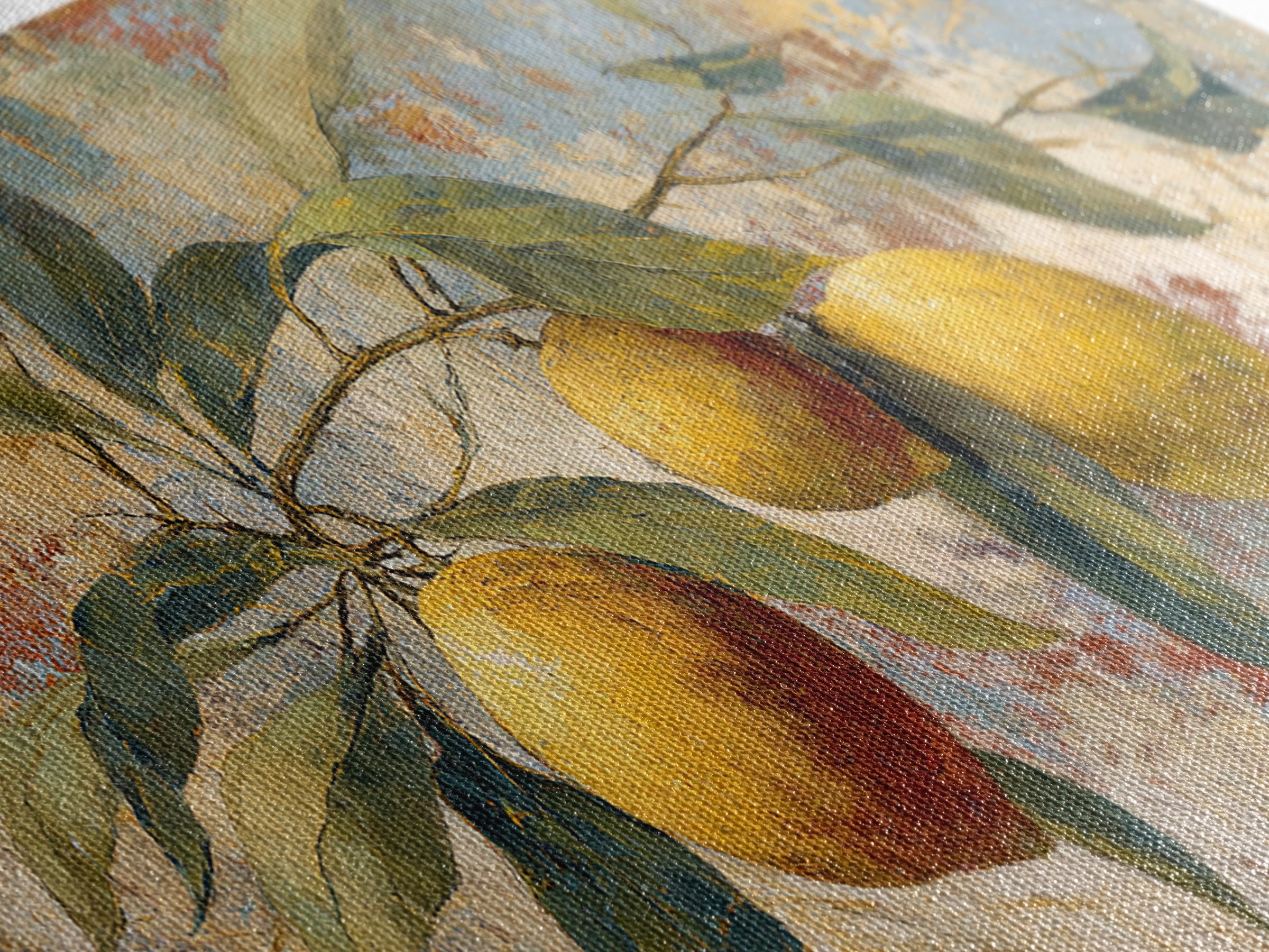 Olive Branch and Lemons on Terracotta Ground Canvas Print, Mediterranean Art, Minimalist Decor, Living Room Decor, Oil Painting, MAR-2x1-94