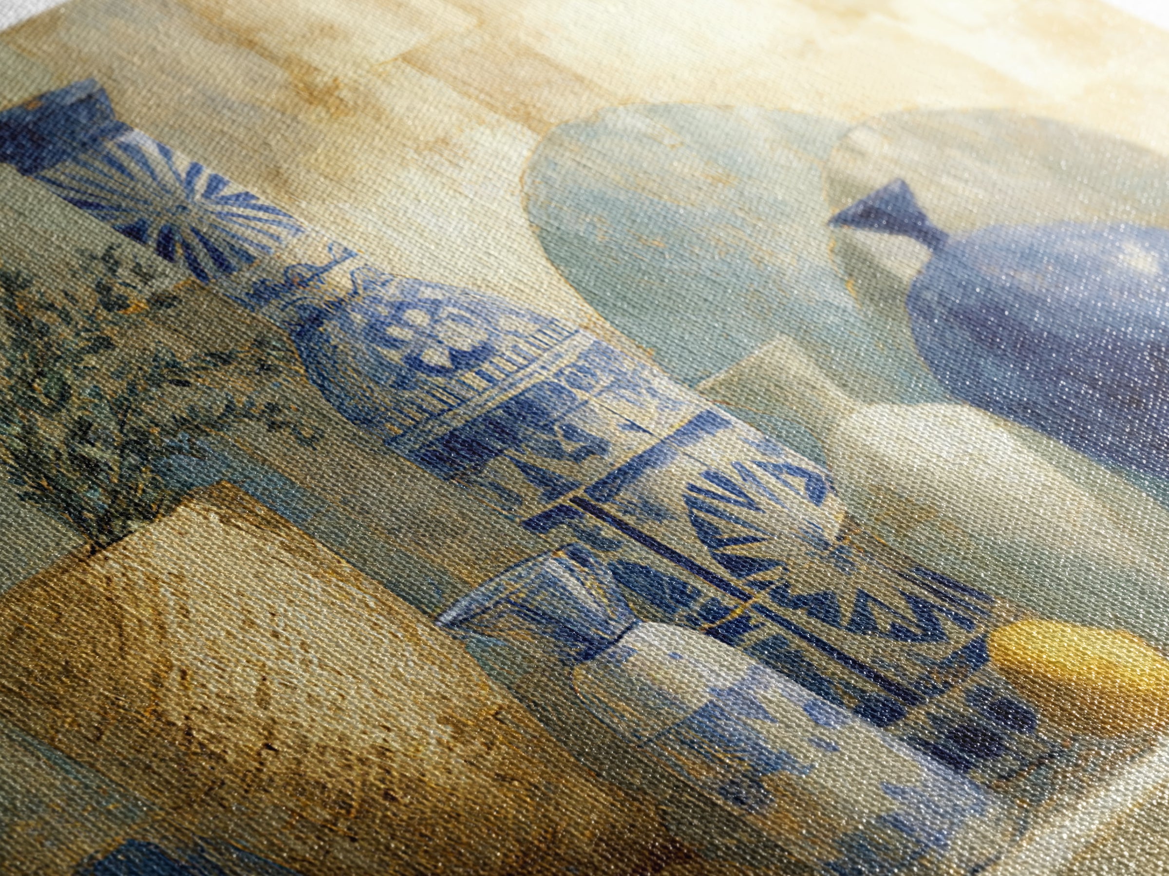 Blue and White Tile Pattern Framed Canvas Print, Mediterranean Art, Coastal Decor, Living Room Decor, Oil Painting, Azure, MAR-2x1-96