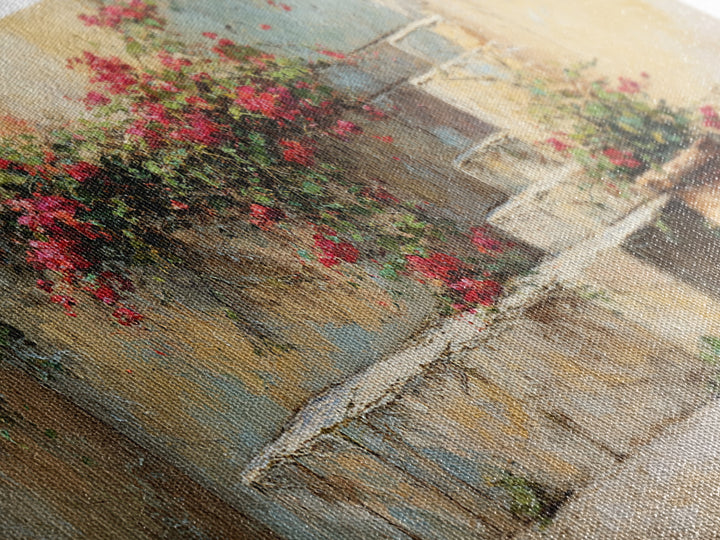 Bougainvillea Cascading over Stone Wall Framed Canvas Print, Mediterranean Art, Framed Wall Art, Living Room Decor, Azure, MAR-2x1-97