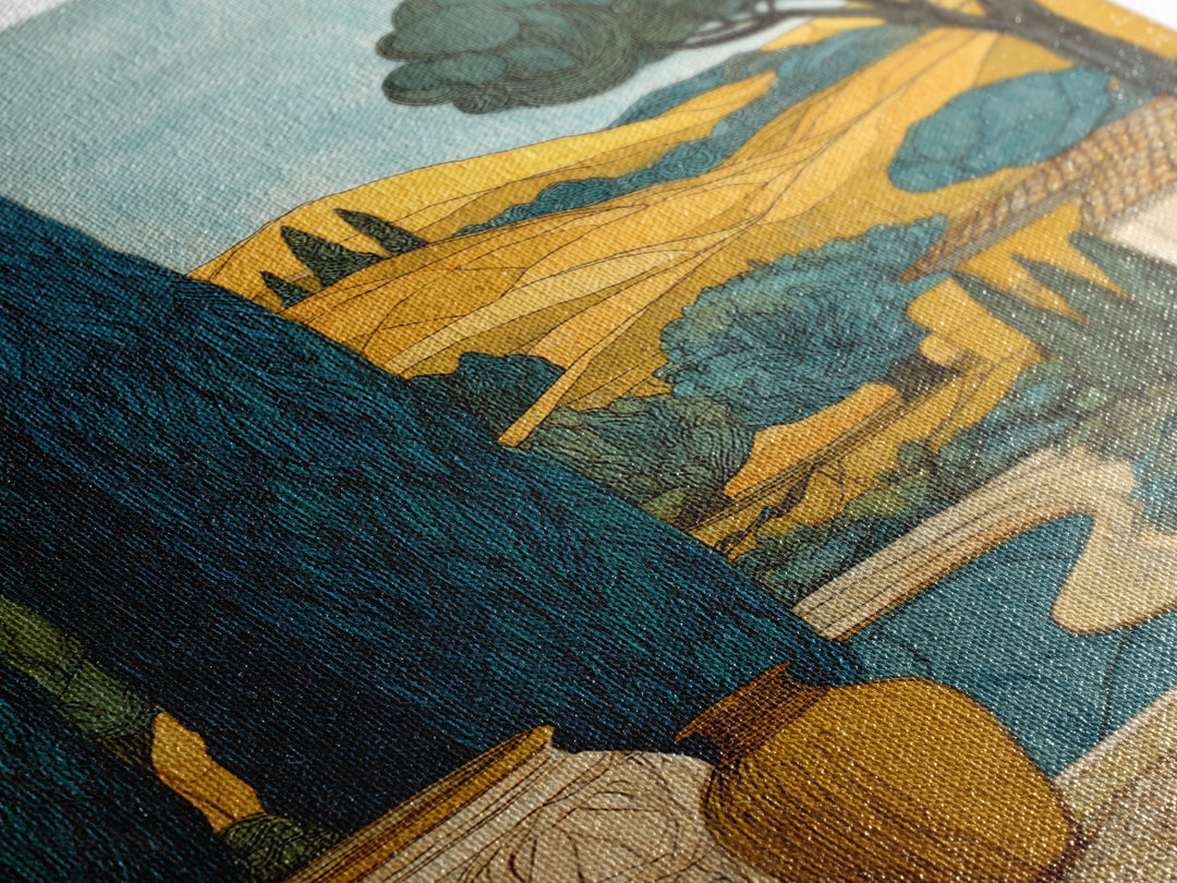 Tuscan Cypress Trees and Golden Hillside Canvas Print, Mediterranean Art, Modern Decor, Living Room Decor, Oil Painting, Azure, MAR-2x3-14