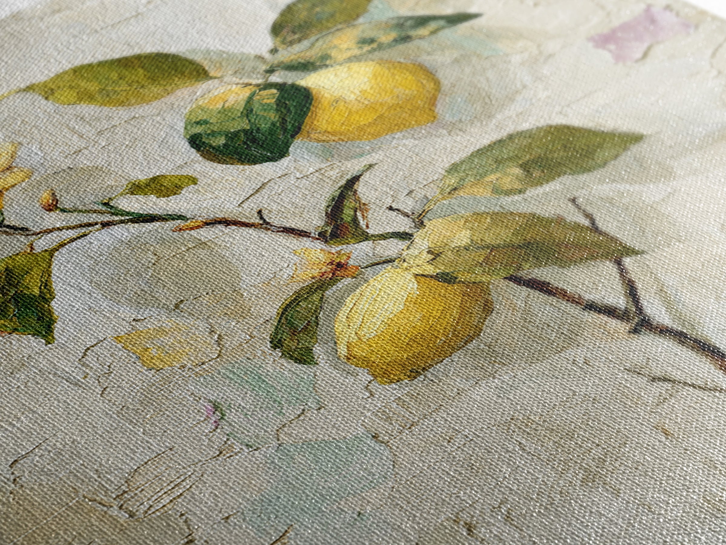 Sicilian Lemon Branch on Ivory Background Framed Canvas Print, Mediterranean Art, Boho Decor, Living Room Decor, Azure, MAR-2x3-21