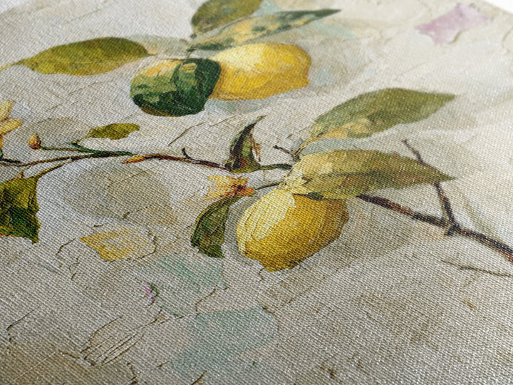 Sicilian Lemon Branch on Ivory Background Framed Canvas Print, Mediterranean Art, Boho Decor, Living Room Decor, Azure, MAR-2x3-21