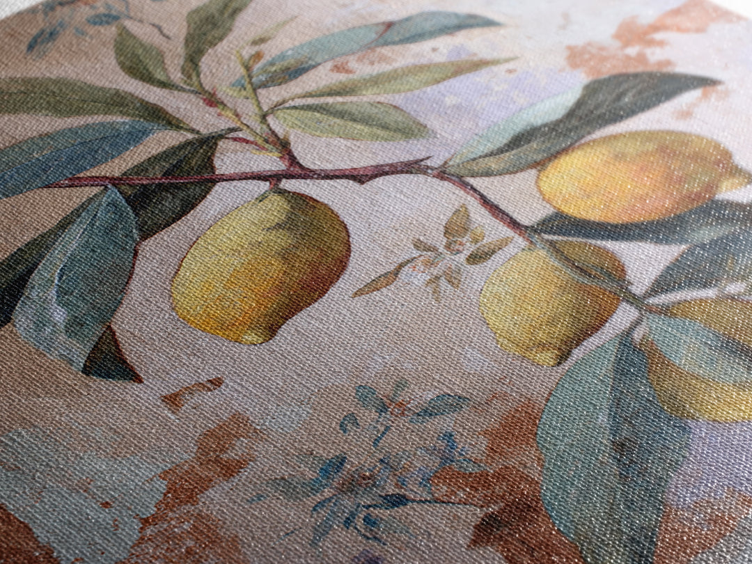 Olive Branch and Lemons on Terracotta Ground Canvas Print, Mediterranean Art, Luxury Decor, Living Room Decor, Azure, MAR-2x3-34