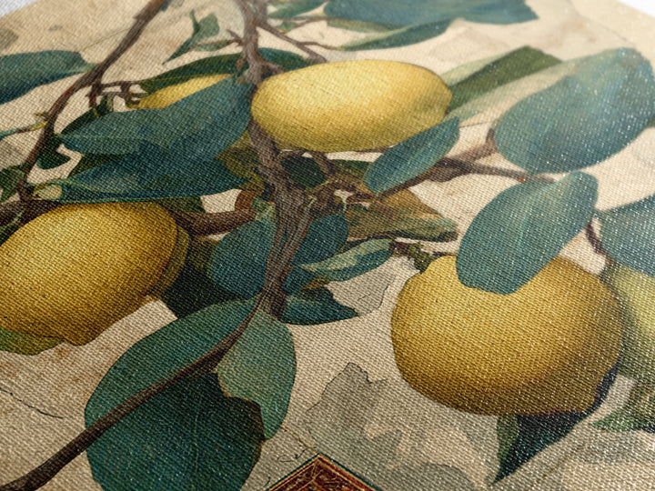 Sicilian Lemon Branch on Ivory Background Canvas Print, Mediterranean Art, Living Room Decor, Oil Painting, Azure, MAR-2x3-45
