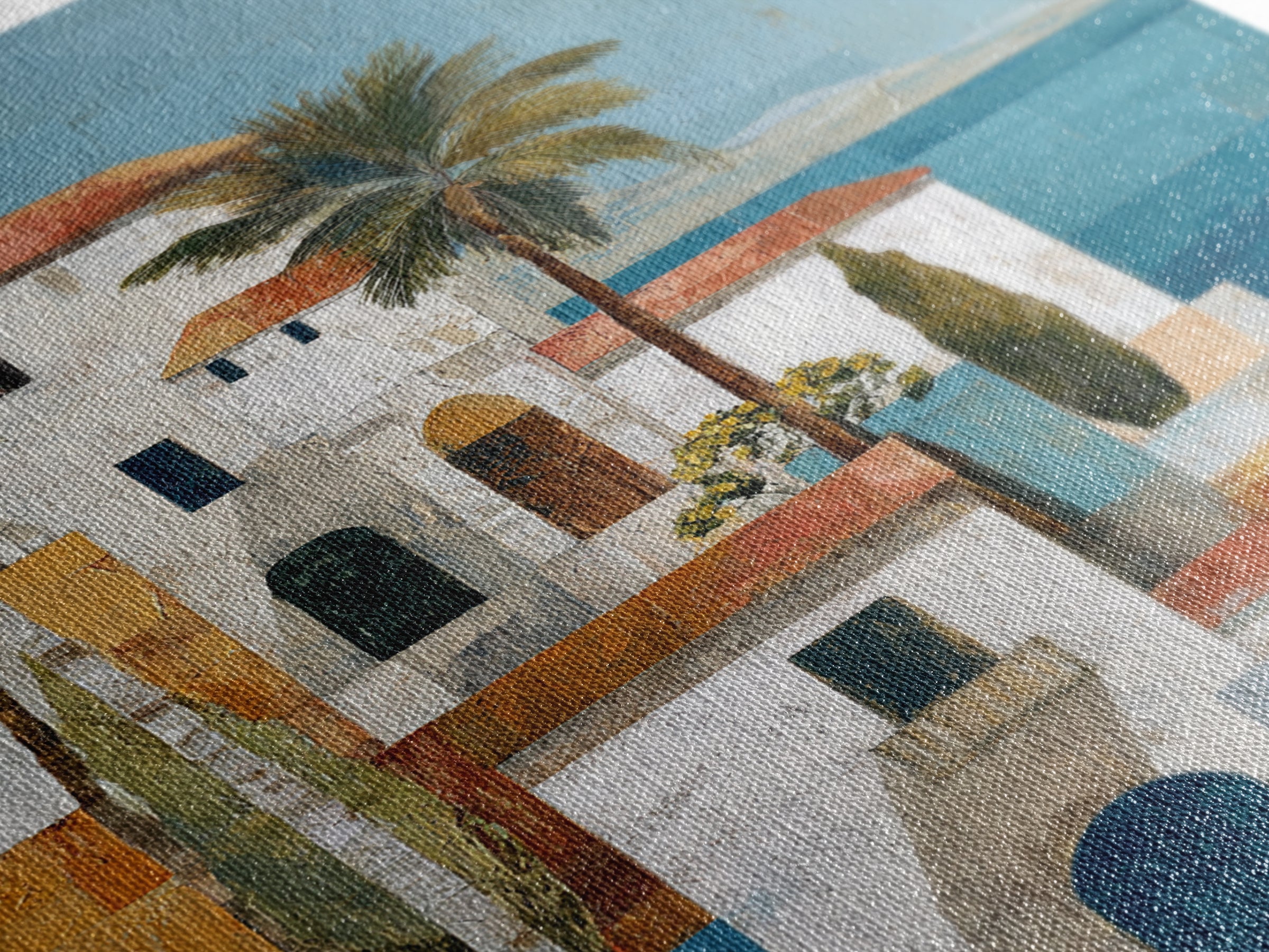 Greek Island White Buildings Above Blue Sea Canvas Print, Mediterranean Art, Framed Wall Art, Living Room Decor, Oil Painting, MAR-2x3-57