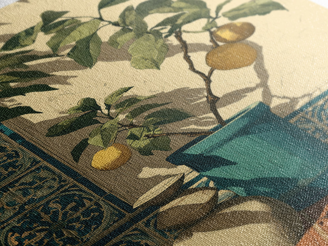 Olive Branch and Lemons on Terracotta Ground Canvas Print, Mediterranean Art, Contemporary Art, Living Room Decor, Azure, MAR-2x3-58